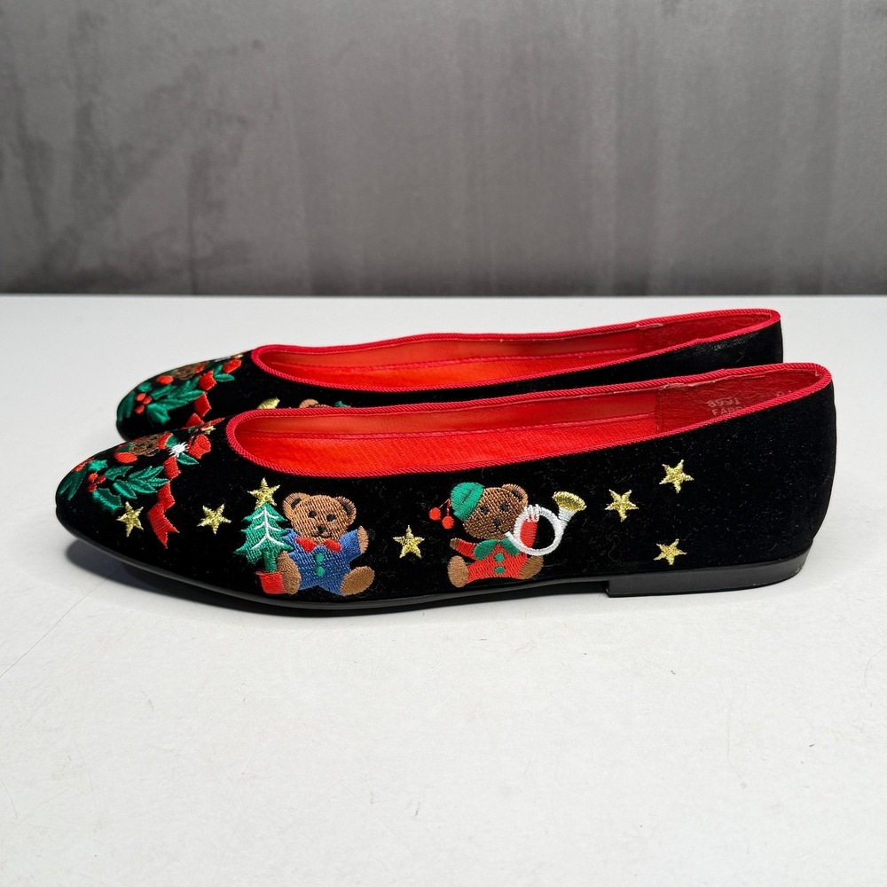 Vtg Mootsies Tootsies Ballet Flats Womens 8.5 Black Christmas Bear Embroidered - Picture 4 of 9
